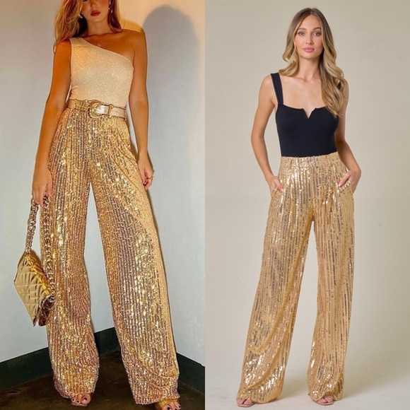 🎄24 HOUR SALE🎄 Goldmember Wide Leg Gold Sequin Pants - Picture 2 of 6